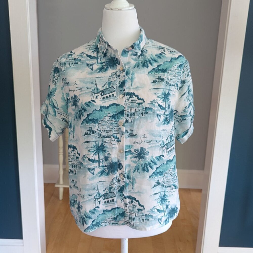 Cynthia Rowley Amalfi Coast Linen Women's Shirt Short Sleeve Sz Small Turquoise